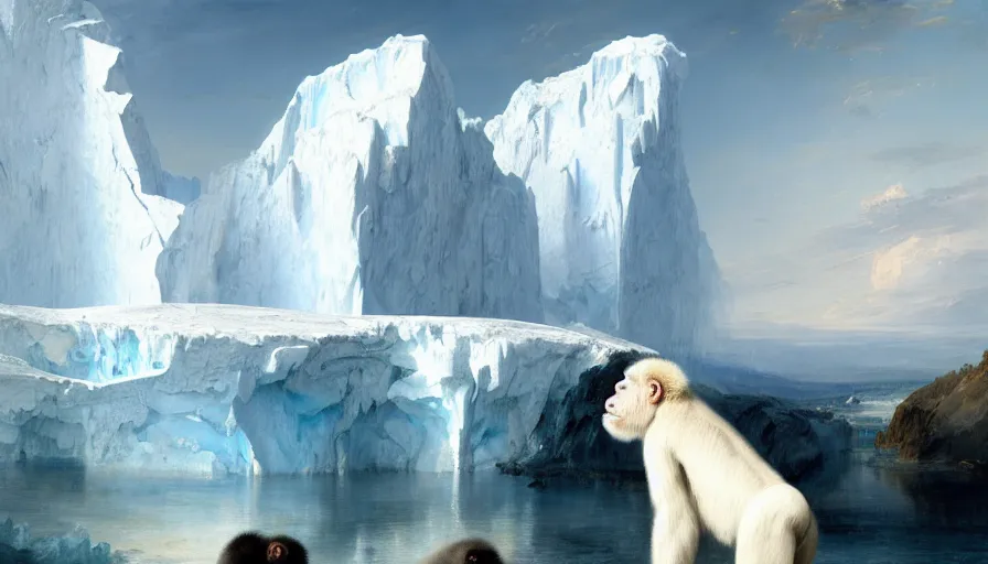 Image similar to highly detailed painting of white giant gorilla cats with large feathered wings on a blue and white iceberg by william turner, by greg rutkowski, by william constable, thick brush strokes and visible paint layers, 4 k resolution