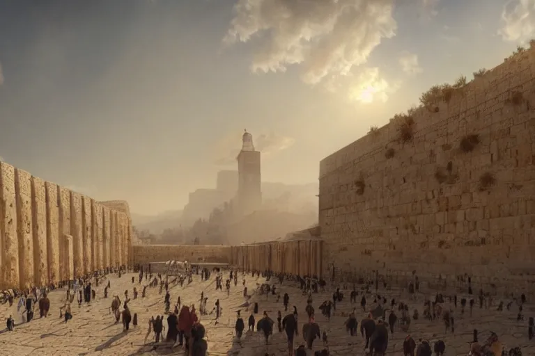 Image similar to the western wall, matte painting, long shot, concept art, wide shot, digital art, trending on artstation, 4 k, extremely detailed, realistic, midday, warm colors, golden sunlight, by greg rutkowski, cinematic, epic