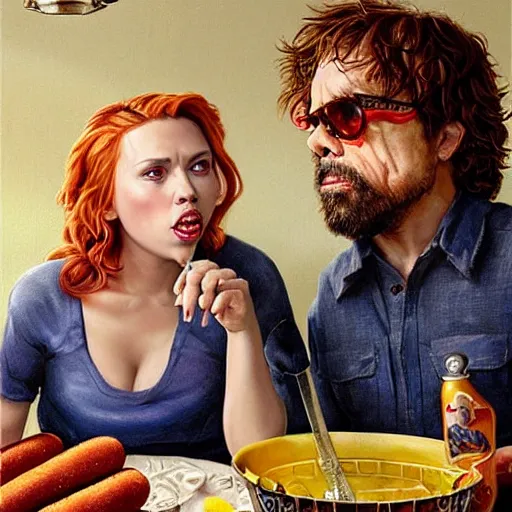 Image similar to portrait of peter dinklage sharing hotdogs with scarlett johansson, an oil painting by ross tran and thomas kincade w 7 6 8