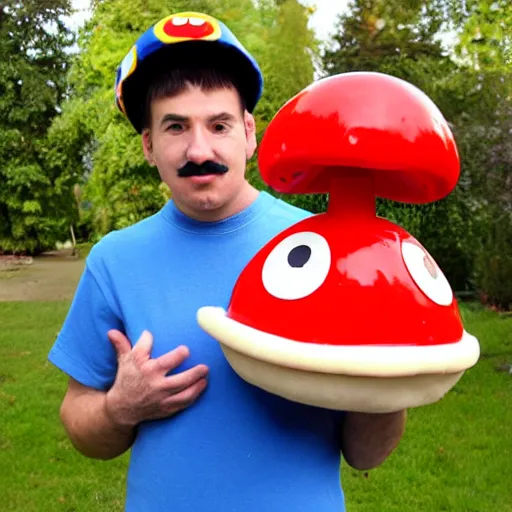 Image similar to man dressed in bootleg knockoff super mario bros. costume holding a red plastic mushroom standing in a yard.