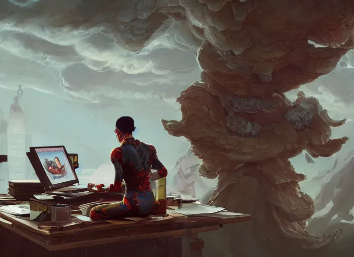 Image similar to an insanely detailed painting of an asian man wearing a homemade superhero costume, sitting at a desk, staring seriously at the computer and typing, in the style of peter mohrbacher, james jean, dramatic lighting and composition, surreal background, octane render, pixar, trending on artstation, concept art, comic book, view from behind, 8 k