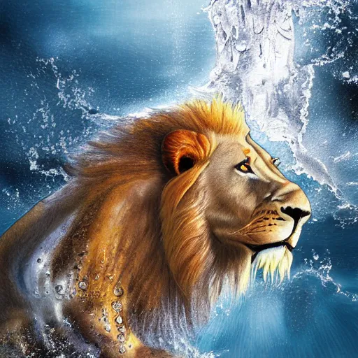 Image similar to a male lion's face breaching through a wall of water, water sprites, splashing, deep blue water color, highly detailed, realistic digital art