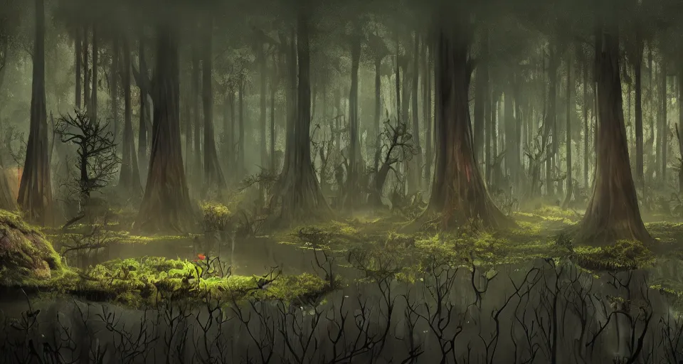 Image similar to A dense and dark enchanted forest with a swamp, by Pixar Concept Artists