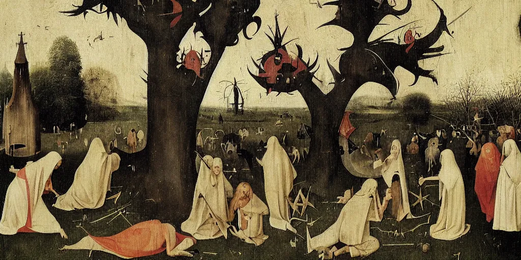Prompt: satanic black mass in an open grassy field, pagan worshippers in robes around a large tree, hieronymus bosch