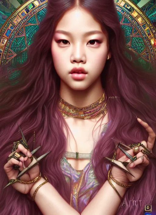 Image similar to jennie of blackpink, queen, tarot card, highly detailed, digital painting, smooth, sharp focus, illustration, ultra realistic, unreal engine, 8 k, art by artgerm and alphonse mucha