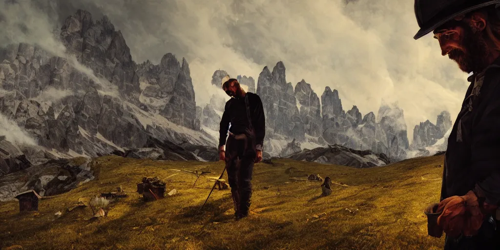 Prompt: alpine farmer burning, dolomites in background, dark, eerie, despair, portrait photography, artstation, adward winning, artstation, highly detailed, sharp focus, by caravaggio