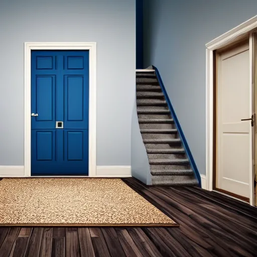 Image similar to dark nostalgic empty house with stairs in the middle and doors on either side, one door is closed and the door on the right is open to a blue bathroom, tan carpet