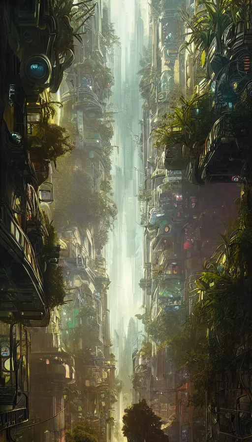 Image similar to hyper realistic cyberpunk city, overtaken by lush plants, gnarly trees by tom bagshaw, mucha, gaston bussiere, craig mullins, j. c. leyendecker 8 k