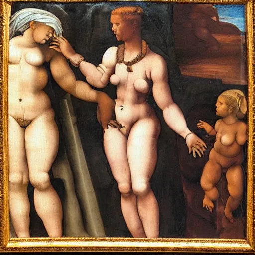 Prompt: Michelangelo painting of an African woman holding hands with a white woman