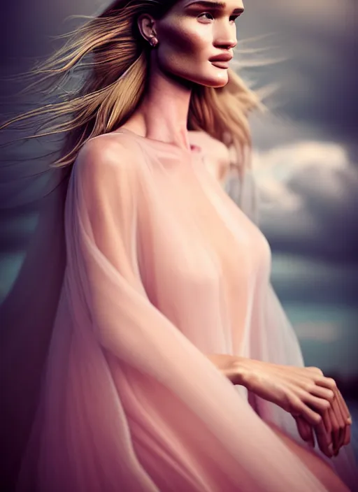 Prompt: portrait photography of a beautiful woman, in fine art photography style of Giovanni Gastel , rosie huntington whitely style 3/4 , natural color skin pointed in rose, hair stormy clouds, full body dressed with a ethereal transparent voile dress, elegrant, 8K, soft focus, melanchonic soft light, volumetric dramatic lighting, highly detailed Realistic, hyper Refined, Highly Detailed, natural point rose', outdoor soft lighting, soft dramatic lighting colors scheme, soft blur lighting, fine art fashion photography