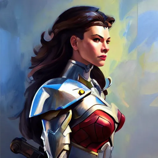 Image similar to greg manchess portrait painting of armored light wonderwoman as overwatch character, medium shot, asymmetrical, profile picture, organic painting, sunny day, matte painting, bold shapes, hard edges, street art, trending on artstation, by huang guangjian and gil elvgren and sachin teng