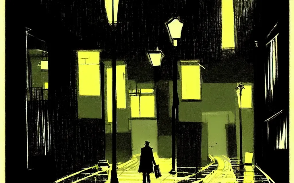 Image similar to !dream concept art, dark wet london alley at night, by ashley wood, by roger deakins, in the style of syd mead atmospheric