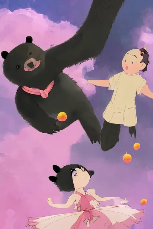 Prompt: digital painting of an anthropomorphic asian black bear, lifting up a small girl wearing a pink kimono, to pick a golden peach from a branch above their heads. fantasy. concept art. award winning. artstation. deviantart. in the style studio ghibli and top ten fantasy artists