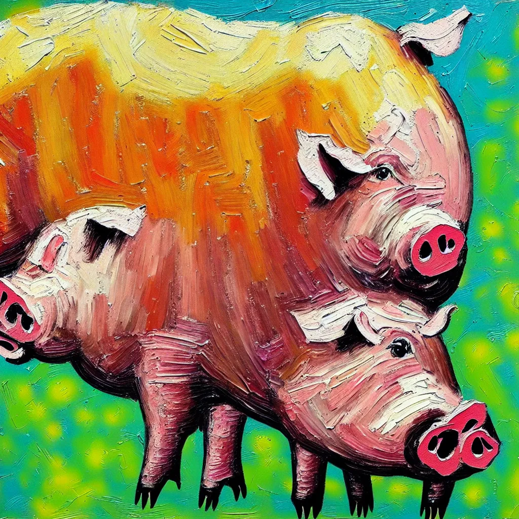 Image similar to large pig painted in a style of painting similar to Van Gogh but more impasto and less hatching