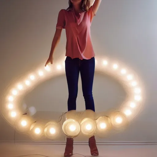 Prompt: a huge pile of light bulbs and a beautiful woman on top of it