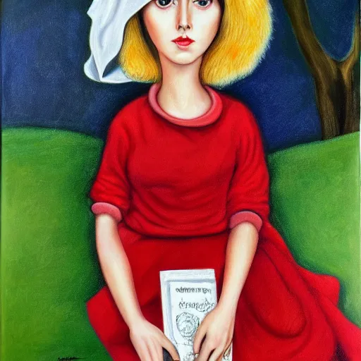 Image similar to margaret keane oil on canvas, little red riding hood, full body portrait