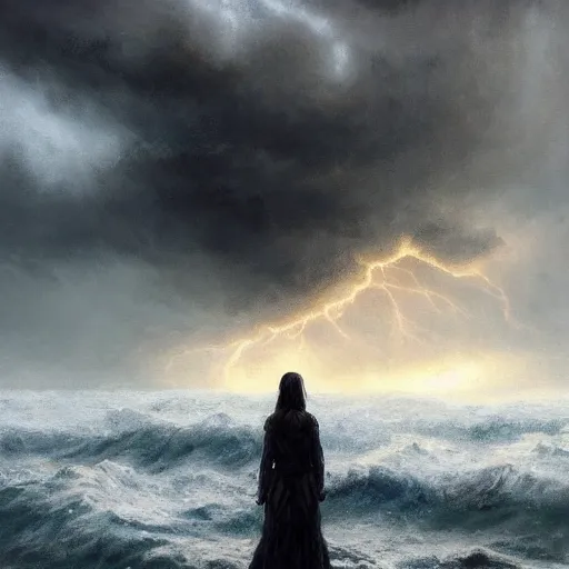 Prompt: concept art, facing the back of a woman standing alone in the middle of a sea storm, face forms in the clouds, thunderstom, rain, medieval, dark concept art, dark skies painting by wlop, nixeu and greg rutkowski, beautiful, semirealism, artstation, octane render, oil painting, sharpness, 8 k, golden ratio