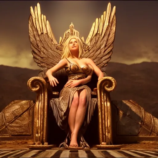 Image similar to cinematic scene with elisha cuthbert on a majestic throne as the goddess of war, dramatic, small details, volumetric lighting, still frame