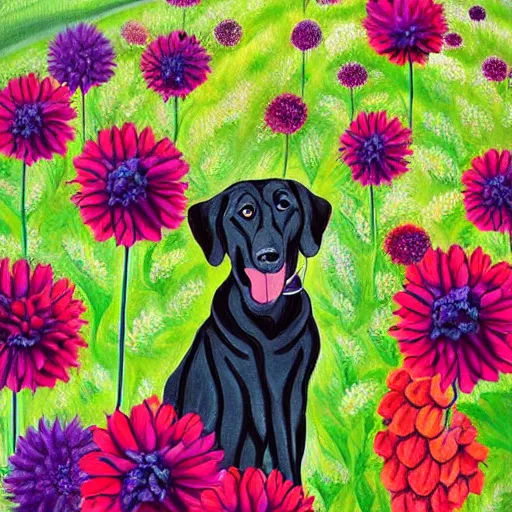 Prompt: a vibrant painting of a dog eating giant blueberries in a field of dahlias