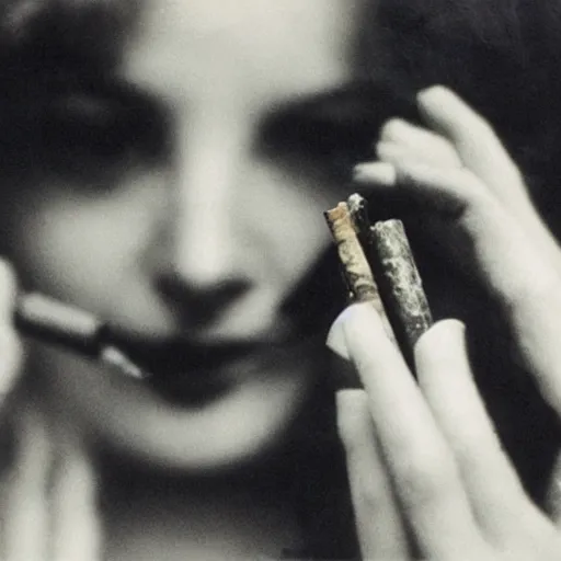 Image similar to Close-up of highly detailed female's hand holding cigarette with smoke, vintage photo,