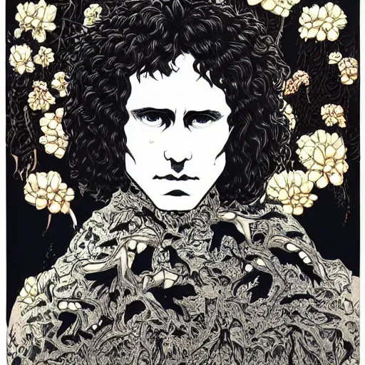 Image similar to symmetrical jim morrison as a vampire lizard king, very detailed style of takato yamamoto lots of flowers