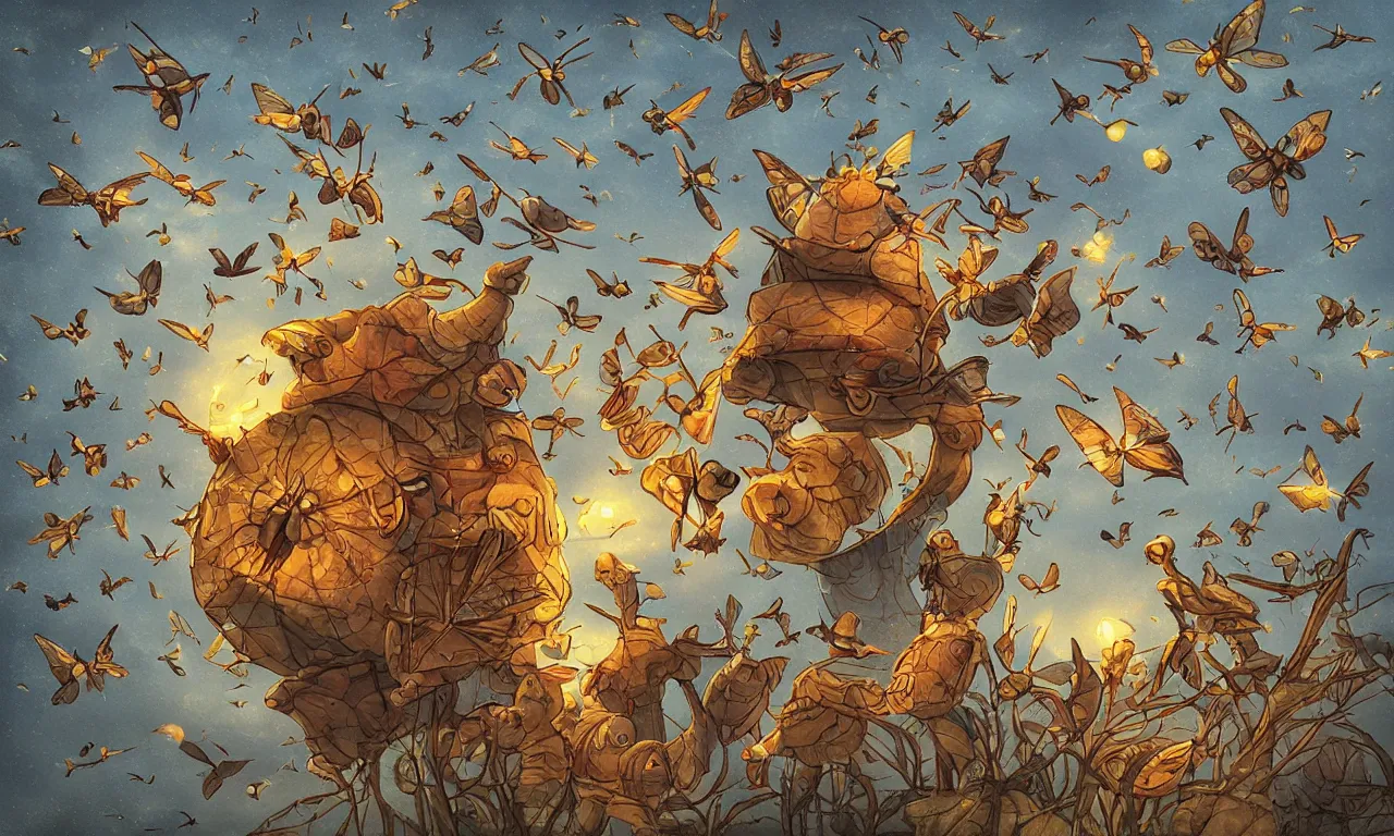 Image similar to discworld theme, moth, flocking birds, 3 d art, digital illustration, perfect lighting