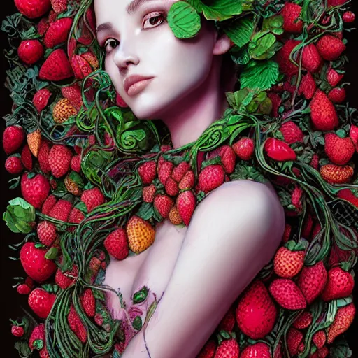 Prompt: the portrait of an absurdly beautiful, graceful, elegant, sensual woman made of strawberries and green petals, an ultrafine hyperdetailed illustration by kim jung gi, irakli nadar, intricate linework, bright colors, octopath traveler, final fantasy, angular, unreal engine 5 highly rendered, global illumination, radiant light, detailed and intricate environment