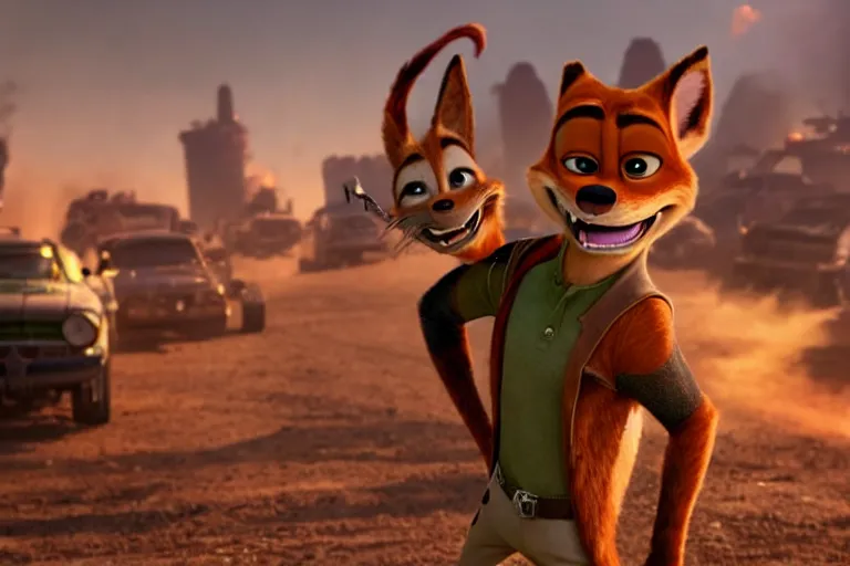 Image similar to nick wilde ( from zootopia ), heavily armed and armored facing down armageddon in a dark and gritty reboot from the makers of mad max : fury road