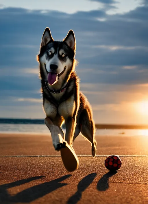 Prompt: a playful brown husky wearing a cap, playing soccer at the beach, Golden hour, bokeh, 4k photo,