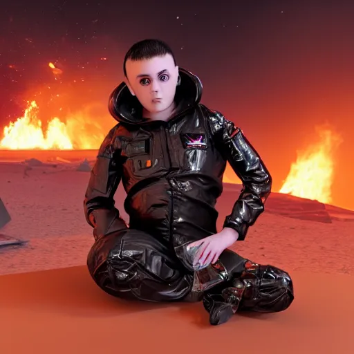 Image similar to photo of an overweight depressed teenager with emo haircut wearing gothy purple and black spandex suit, sitting next to smashed burning spacecraft wreckage, on the orange surface of mars, Trending on artstation, octane render, cinematic lighting, hyper realism, photorealistic, octane render, 8k, depth of field, 3D