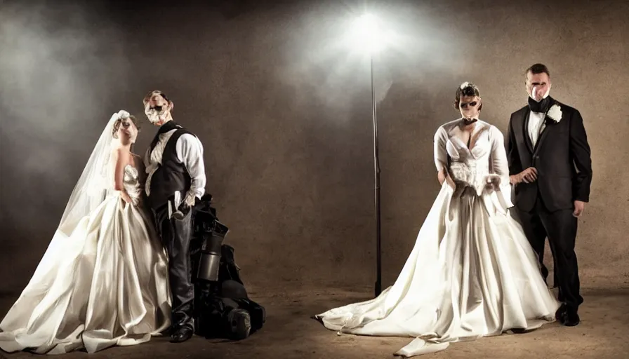 Image similar to disturbing big budget hollywood movie bride and groom wearing gas masks at the marriage of reason and squalor perfect composition dramatic lighting chiaroscuro