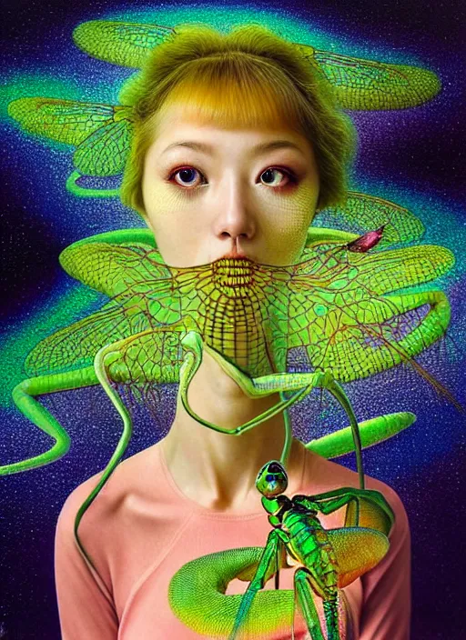 Image similar to hyper detailed 3d render like a Oil painting - kawaii portrait Aurora (gold haired Singer Praying Mantis Dragonfly) seen Eating of the Strangling network of yellowcake aerochrome and milky Fruit and Her compund eyes delicate Hands hold of gossamer polyp blossoms bring iridescent fungal flowers whose spores black the foolish stars by Jacek Yerka, Mariusz Lewandowski, Houdini algorithmic generative render, Abstract brush strokes, Masterpiece, Edward Hopper and James Gilleard, Zdzislaw Beksinski, Mark Ryden, Wolfgang Lettl, hints of Yayoi Kasuma, octane render, 8k