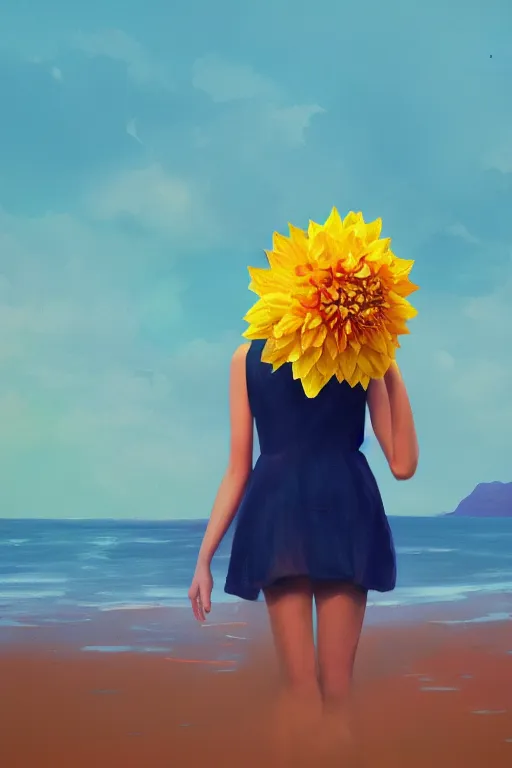 Image similar to closeup girl with huge yellow dahlia flower head, on beach, surreal photography, blue sky, sunrise, dramatic light, impressionist painting, digital painting, artstation, simon stalenhag