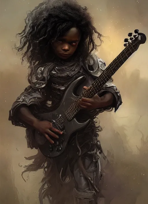 Image similar to fantasy changeling black kid with long curly hair playing electric guitar, half half, dim light, front game card, marvel comics, dark, intricate, highly detailed, smooth, artstation, digital illustration by ruan jia and mandy jurgens and artgerm and wayne barlowe and greg rutkowski and zdislav beksinski