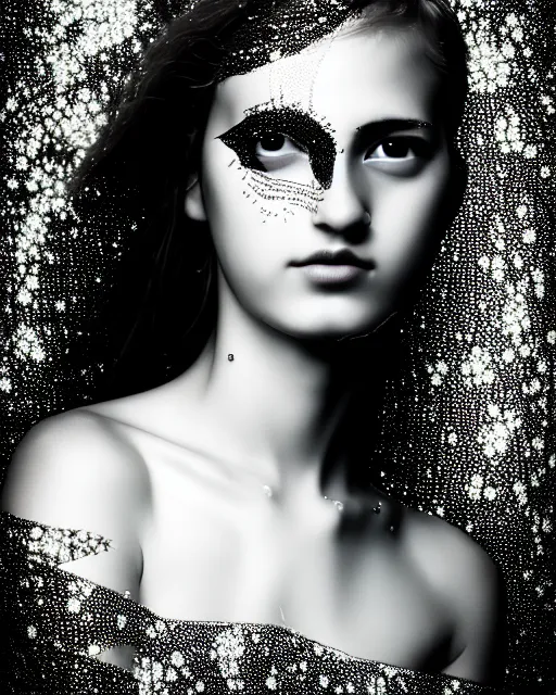 Prompt: black and white dreamy spiritual female water - insect - cyborg high quality portrait photo, microchip leaves, artificial intelligence, cinematic, rim light, photo - realistic, elegant, high detail, 8 k, masterpiece, high fashion, in the style of man ray