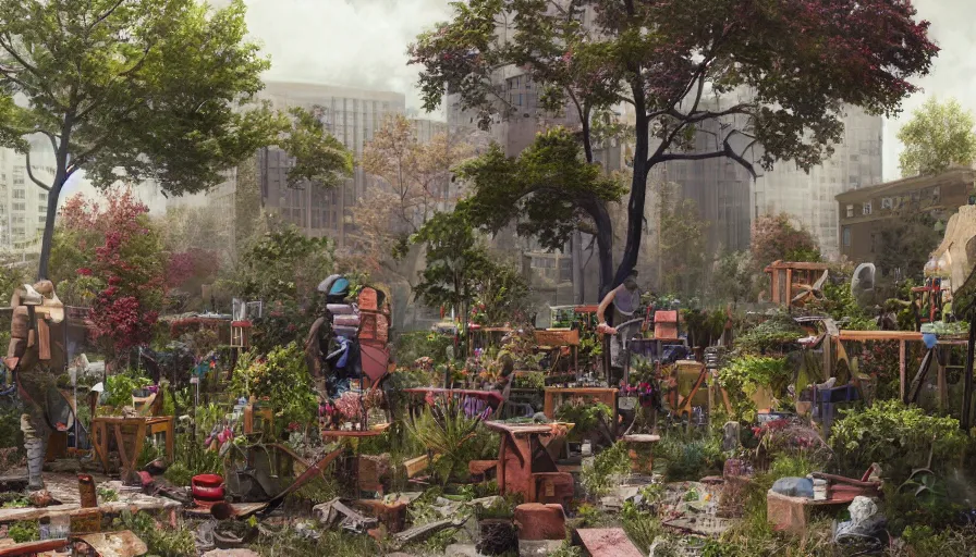 Image similar to survivors working in a craft garden built in washington dc's square, cloudy day, hyperdetailed, artstation, cgsociety, 8 k