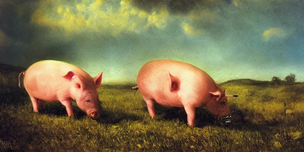 Prompt: The last pig on earth, 1860s oil painting style, soft light, high contrast, high saturation colors, film composition