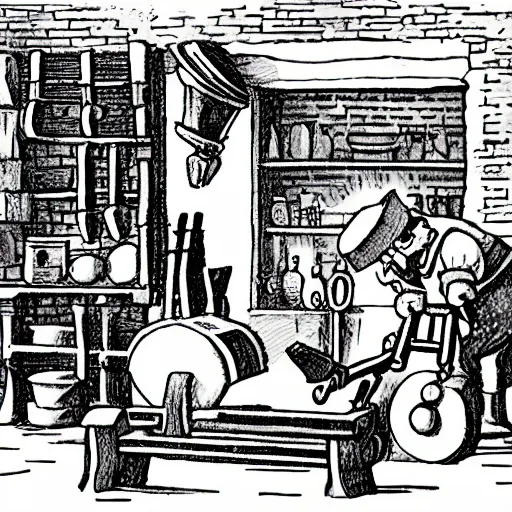 Prompt: cartoon blacksmith is minting coin on his anvil