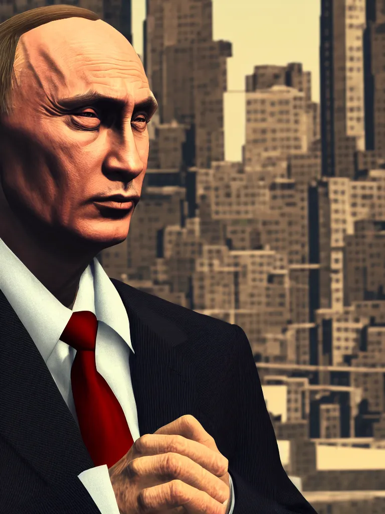 Image similar to portrait of a steel gangster looking like vladimir putin in the style of gta game, 8 k super resolution, photorealistic, golden rule