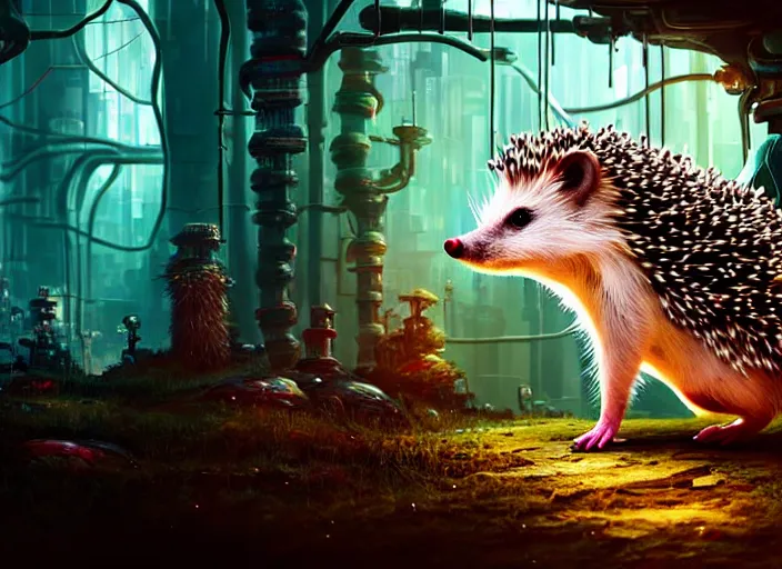 Image similar to portrait of a billy butcher hedgehog, on the background of a weird magical mechanical forest. Very detailed 8k. Fantasy cyberpunk horror. Sharp. Cinematic post-processing. Unreal engine. Nanite. Ray tracing. Parallax. Tessellation