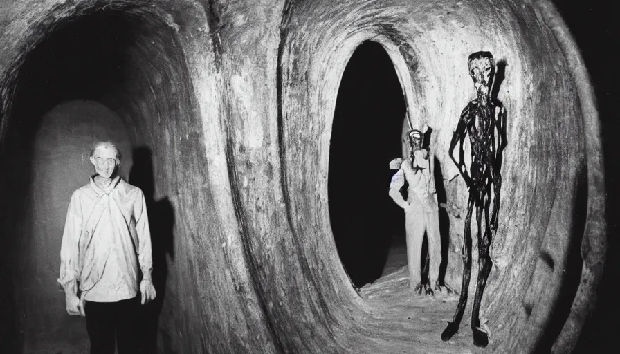 Image similar to 50s movie still close-up portrait of a skinny old man with a taxidermic bloody jaws and esoteric dress in a liminal space style tunnel, early black and white 8mm, heavy grain, low quality,