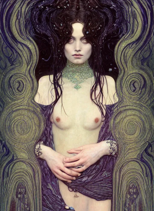 Image similar to masterpiece portrait of an beautiful dark witchy girl with gothic elegant robe, details by gustav klimt, surrounded by flowing liquid occult swirls, majestic, dramatic lighting, h. r. giger, beksinski, alphonse mucha, artgerm, donato giancola, tom bagshaw, trending on cgsociety, octane render, 8 k