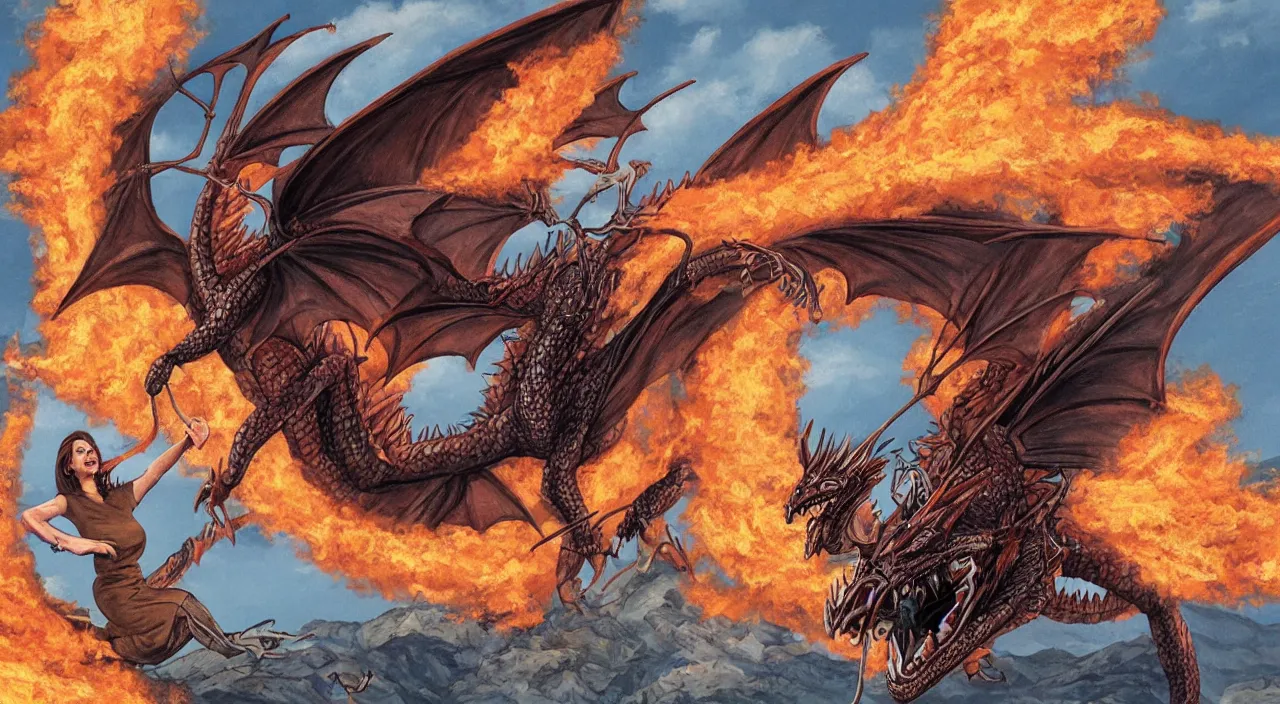 Image similar to nancy pelosi riding a fire - breathing flying dragon