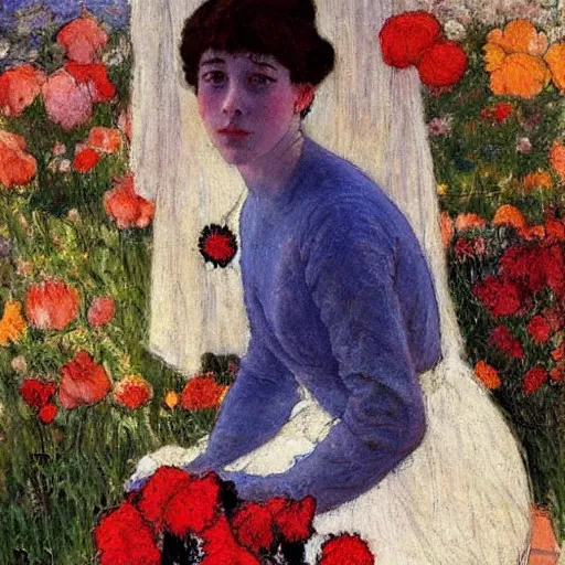 Image similar to a painting of a woman sitting in front of flowers by hermenegildo anglada camarasa, pixiv, impressionism, impressionism, chiaroscuro, pre - raphaelite