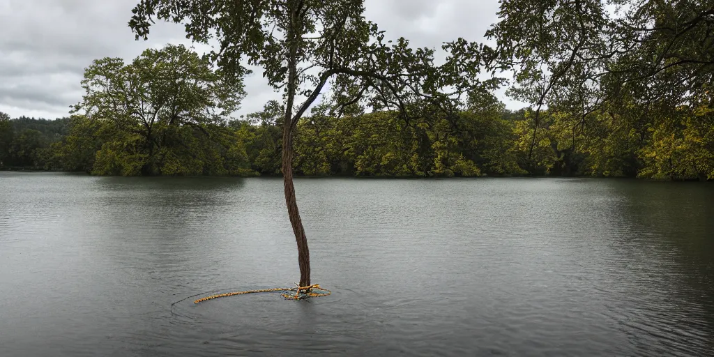 Prompt: a infinitely long rope zig - zagging across the surface of the water into the distance, floating submerged rope stretching out towards the center of the lake, a dark lake on a cloudy day, atmospheric, color film, trees in the background, hyper - detailed photo, anamorphic lens