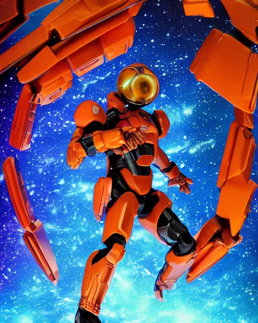 Image similar to triadic galaxy cosmic space - opera diorama bg. helmet portrait of a figurine of samus aran's orange chozo varia power suit from the sci - fi nintendo videogame metroid. designed by hiroji kiyotake, gene kohler and rodney brunet. metroid zero mission. metroid prime. glossy. masterpiece. intricate cybertronics. shallow depth of field.