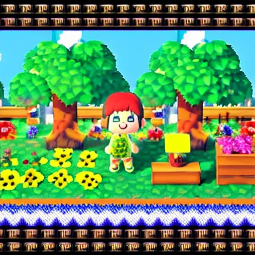 Prompt: Screenshot of Animal Crossing for NES, 1989, 8-bit, pixel art