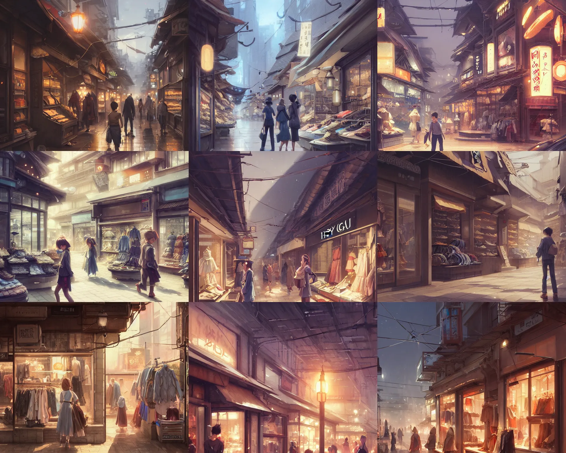 Prompt: clothes shop in hyuga shopping street, close up, details, sharp focus, elegant, highly detailed, illustration, by jordan grimmer, greg rutkowski, wlop, maya takamura, intricate, trending artstation, pixiv, digital art