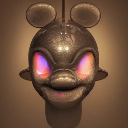 Image similar to mickey mouse head, fractal, broken, wet, mycelium, radiant alien, rococo, baroque, automotive, bio-mechanical, porcelain, iridescent sub surface scattering, octane render