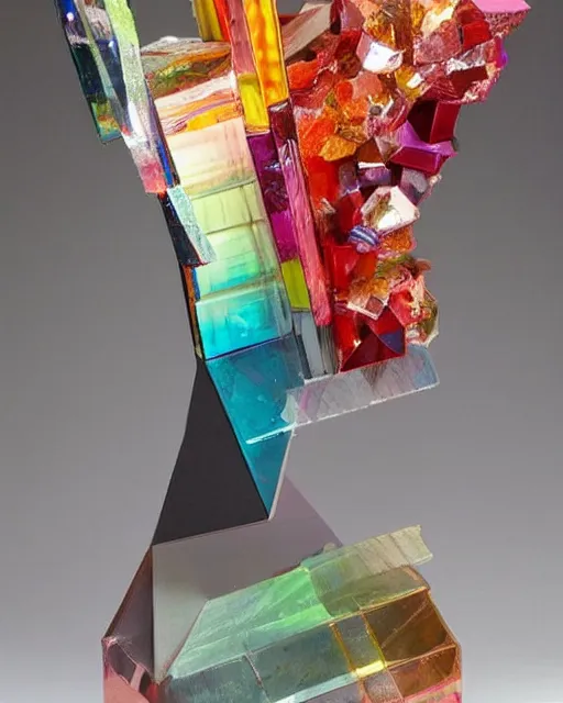 Prompt: a multicolored bismith sitting on top of a table, an abstract sculpture by john chamberlain, trending on pinterest, crystal cubism, angular, made of crystals, iridescent